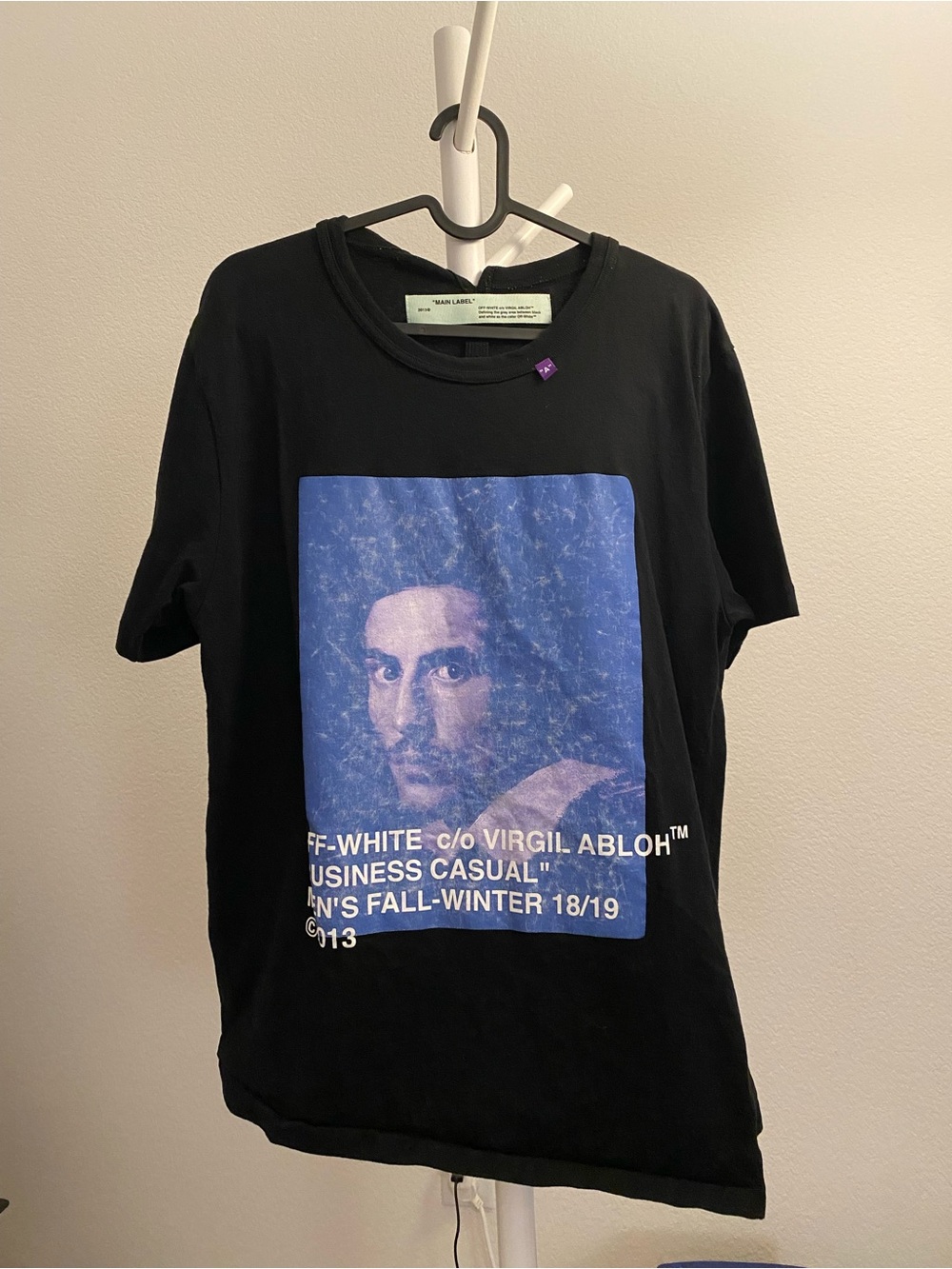 Off-White Black Tee with Blue Portrait Graphic